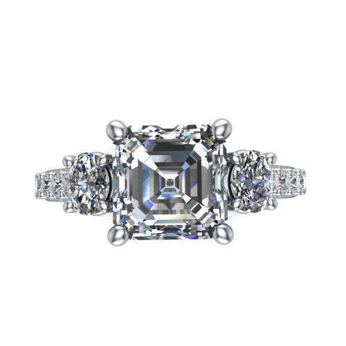 Poppy asscher three stone engagement ring in Platinum, top-down view showing the center diamond flanked by two round side stones in a classic three stone setting