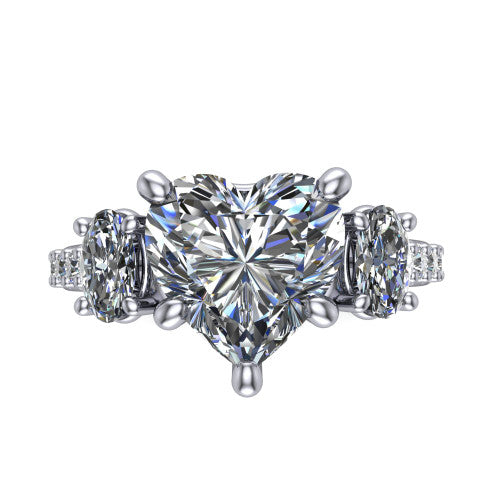 Poppy heart three stone engagement ring in 14K White Gold, top-down view showing the center diamond flanked by two round side stones in a classic three stone setting