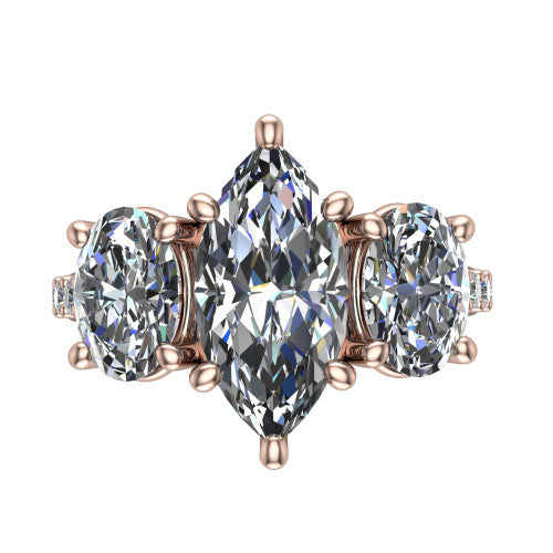 Poppy marquise three stone engagement ring in 18K Rose Gold, top-down view showing the center diamond flanked by two round side stones in a classic three stone setting