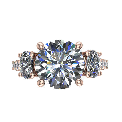 Poppy round three stone engagement ring in 14K Rose Gold, top-down view showing the center diamond flanked by two round side stones in a classic three stone setting