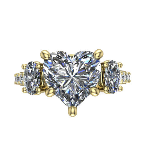 Poppy heart three stone engagement ring in 18K Yellow Gold, top-down view showing the center diamond flanked by two round side stones in a classic three stone setting