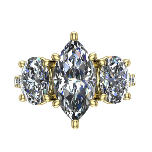 Poppy marquise three stone engagement ring in 18K Yellow Gold, top-down view showing the center diamond flanked by two round side stones in a classic three stone setting