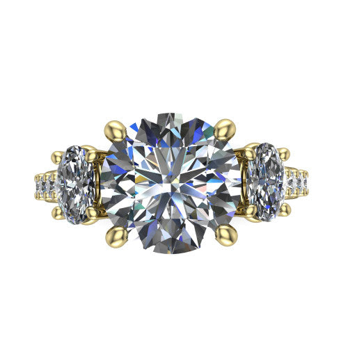 Poppy round three stone engagement ring in 18K Yellow Gold, top-down view showing the center diamond flanked by two round side stones in a classic three stone setting