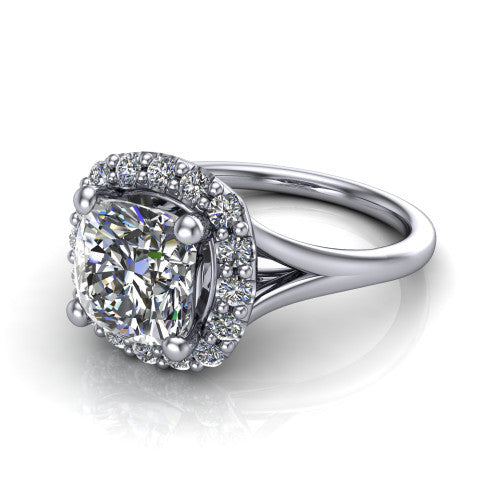 Seraphina cushion halo engagement ring in 18K White Gold, three-quarter perspective showing the haloed center raised above a pav&eacute; split shank