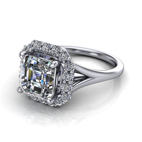 Seraphina asscher halo engagement ring in Platinum, three-quarter perspective showing the haloed center raised above a pav&eacute; split shank