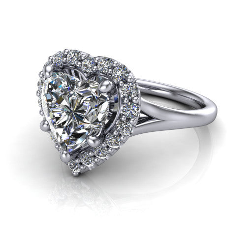 Seraphina heart halo engagement ring in 14K White Gold, three-quarter perspective showing the haloed center raised above a pav&eacute; split shank