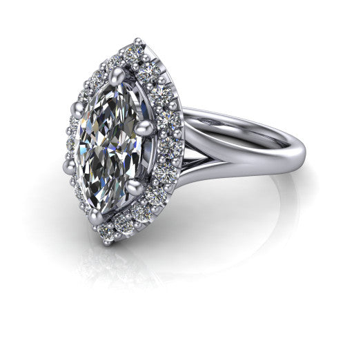 Seraphina marquise halo engagement ring in 18K White Gold, three-quarter perspective showing the haloed center raised above a pav&eacute; split shank