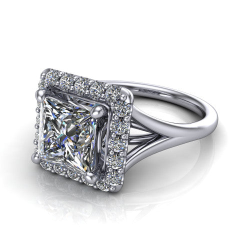 Seraphina princess halo engagement ring in 14K White Gold, three-quarter perspective showing the haloed center raised above a pav&eacute; split shank