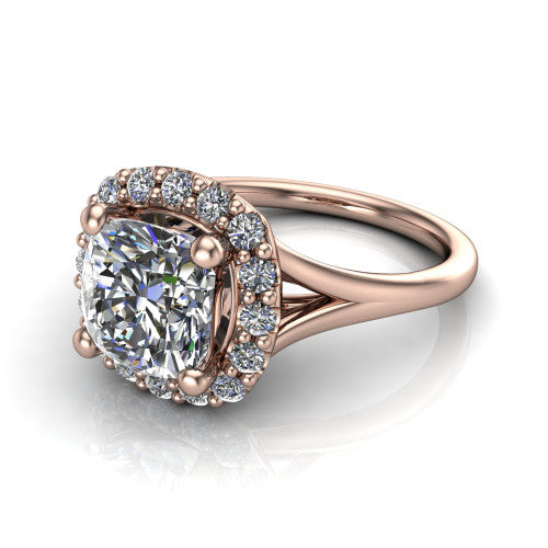 Seraphina cushion halo engagement ring in 18K Rose Gold, three-quarter perspective showing the haloed center raised above a pav&eacute; split shank