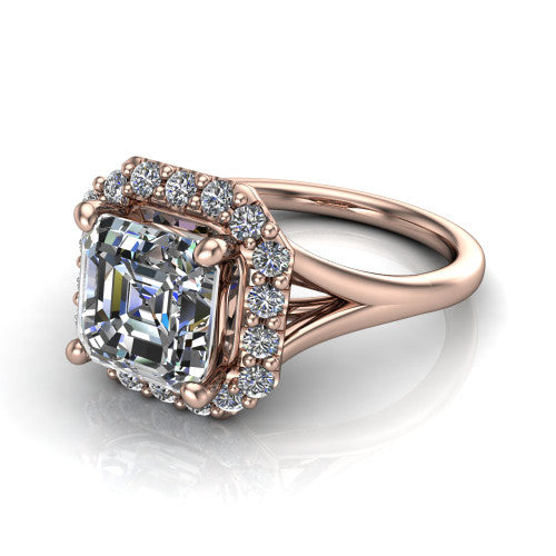 Seraphina asscher halo engagement ring in 18K Rose Gold, three-quarter perspective showing the haloed center raised above a pav&eacute; split shank