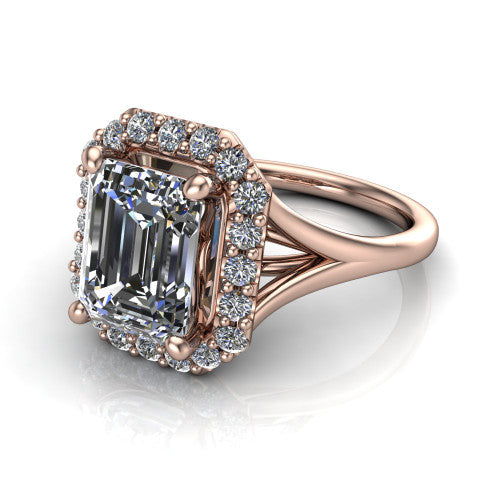 Seraphina emerald halo engagement ring in 14K Rose Gold, three-quarter perspective showing the haloed center raised above a pav&eacute; split shank