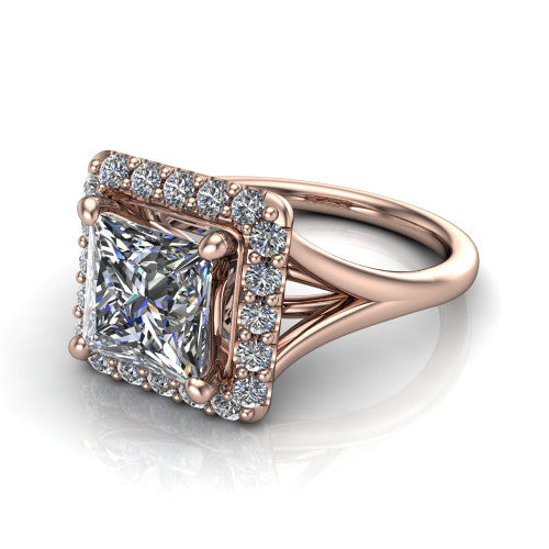 Seraphina princess halo engagement ring in 14K Rose Gold, three-quarter perspective showing the haloed center raised above a pav&eacute; split shank
