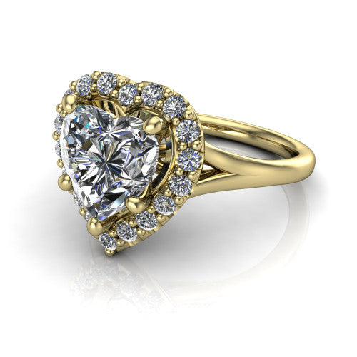 Seraphina heart halo engagement ring in 18K Yellow Gold, three-quarter perspective showing the haloed center raised above a pav&eacute; split shank