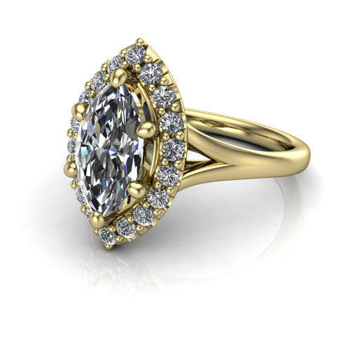 Seraphina marquise halo engagement ring in 18K Yellow Gold, three-quarter perspective showing the haloed center raised above a pav&eacute; split shank
