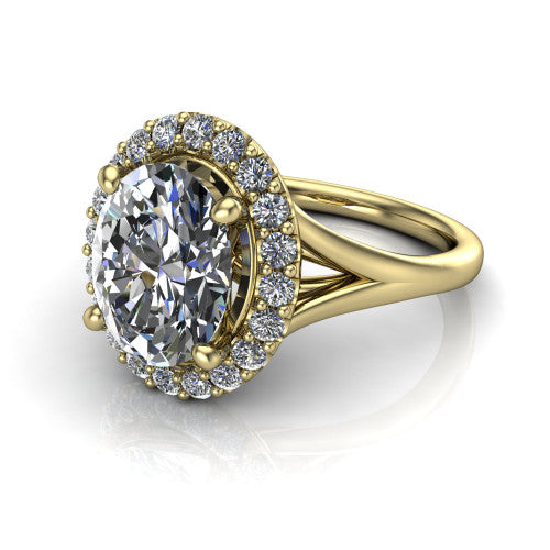 Seraphina oval halo engagement ring in 14K Yellow Gold, three-quarter perspective showing the haloed center raised above a pav&eacute; split shank