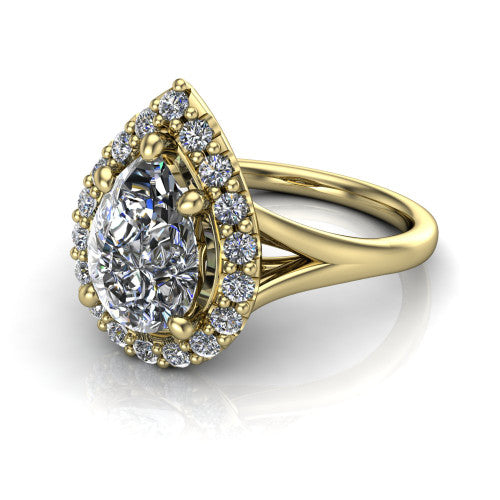 Seraphina pear halo engagement ring in 18K Yellow Gold, three-quarter perspective showing the haloed center raised above a pav&eacute; split shank