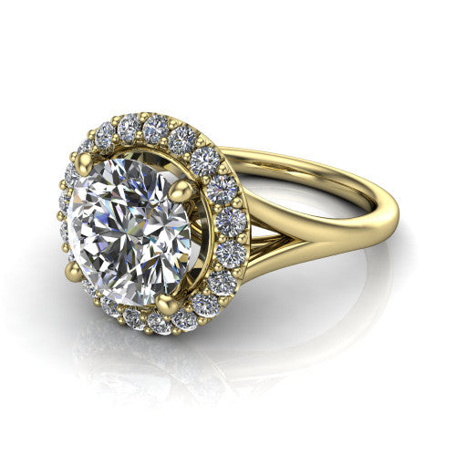 Seraphina round halo engagement ring in 14K Yellow Gold, three-quarter perspective showing the haloed center raised above a pav&eacute; split shank