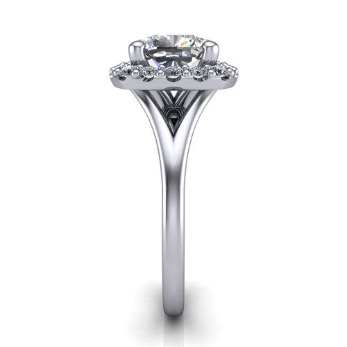 Seraphina cushion halo engagement ring in 14K White Gold, side profile showing the pav&eacute; split shank dividing into two diamond-lined rails beneath the halo