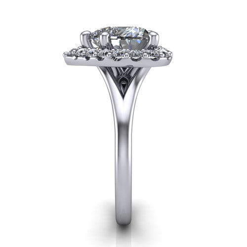 Seraphina heart halo engagement ring in 14K White Gold, side profile showing the pav&eacute; split shank dividing into two diamond-lined rails beneath the halo