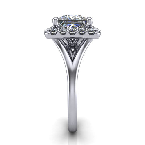 Seraphina princess halo engagement ring in 18K White Gold, side profile showing the pav&eacute; split shank dividing into two diamond-lined rails beneath the halo