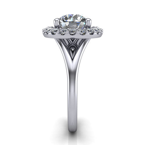 Seraphina round halo engagement ring in 18K White Gold, side profile showing the pav&eacute; split shank dividing into two diamond-lined rails beneath the halo