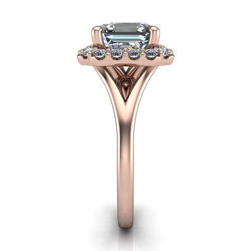 Seraphina asscher halo engagement ring in 14K Rose Gold, side profile showing the pav&eacute; split shank dividing into two diamond-lined rails beneath the halo