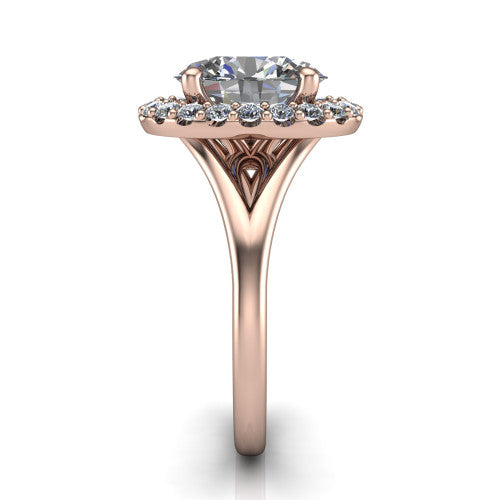 Seraphina oval halo engagement ring in 18K Rose Gold, side profile showing the pav&eacute; split shank dividing into two diamond-lined rails beneath the halo