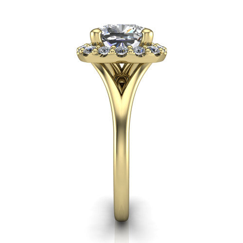 Seraphina cushion halo engagement ring in 14K Yellow Gold, side profile showing the pav&eacute; split shank dividing into two diamond-lined rails beneath the halo