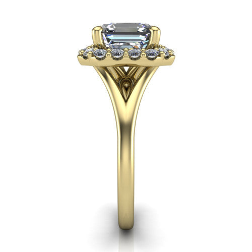 Seraphina asscher halo engagement ring in 14K Yellow Gold, side profile showing the pav&eacute; split shank dividing into two diamond-lined rails beneath the halo