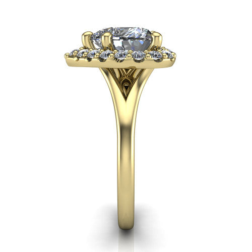 Seraphina heart halo engagement ring in 14K Yellow Gold, side profile showing the pav&eacute; split shank dividing into two diamond-lined rails beneath the halo