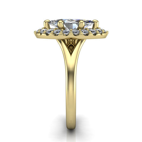 Seraphina marquise halo engagement ring in 14K Yellow Gold, side profile showing the pav&eacute; split shank dividing into two diamond-lined rails beneath the halo