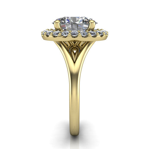 Seraphina oval halo engagement ring in 18K Yellow Gold, side profile showing the pav&eacute; split shank dividing into two diamond-lined rails beneath the halo