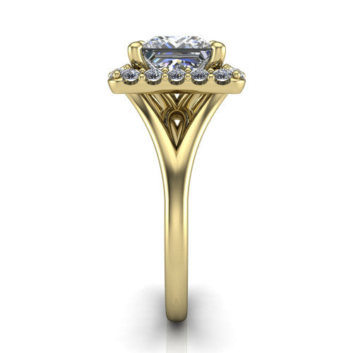 Seraphina princess halo engagement ring in 14K Yellow Gold, side profile showing the pav&eacute; split shank dividing into two diamond-lined rails beneath the halo