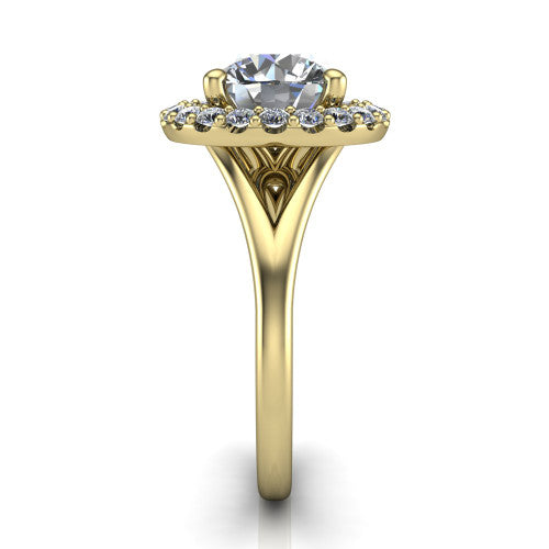 Seraphina round halo engagement ring in 18K Yellow Gold, side profile showing the pav&eacute; split shank dividing into two diamond-lined rails beneath the halo