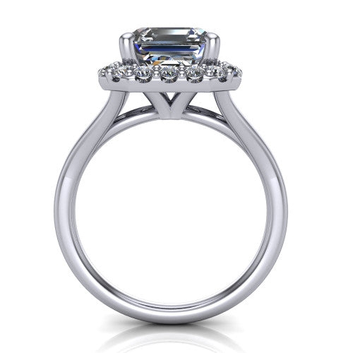 Seraphina asscher halo engagement ring in Platinum, through-finger front profile showing the halo head raised above the pav&eacute; split band