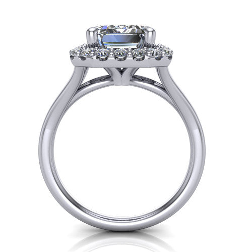 Seraphina emerald halo engagement ring in Platinum, through-finger front profile showing the halo head raised above the pav&eacute; split band