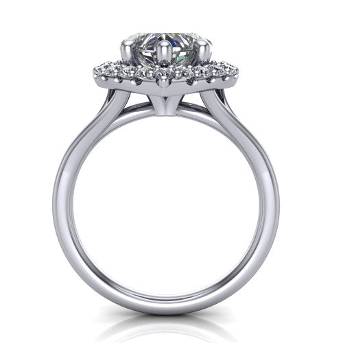 Seraphina heart halo engagement ring in Platinum, through-finger front profile showing the halo head raised above the pav&eacute; split band