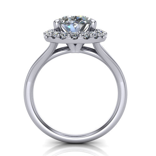 Seraphina oval halo engagement ring in Platinum, through-finger front profile showing the halo head raised above the pav&eacute; split band