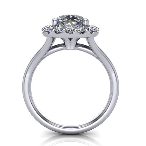 Seraphina pear halo engagement ring in 18K White Gold, through-finger front profile showing the halo head raised above the pav&eacute; split band