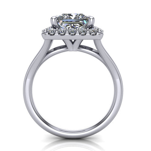 Seraphina princess halo engagement ring in Platinum, through-finger front profile showing the halo head raised above the pav&eacute; split band