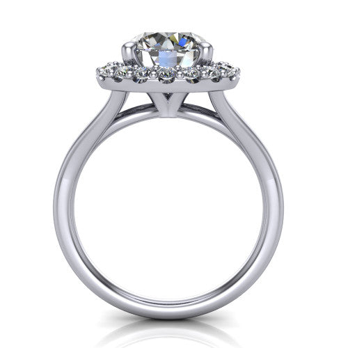 Seraphina round halo engagement ring in 18K White Gold, through-finger front profile showing the halo head raised above the pav&eacute; split band