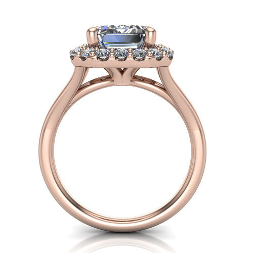 Seraphina emerald halo engagement ring in 18K Rose Gold, through-finger front profile showing the halo head raised above the pav&eacute; split band
