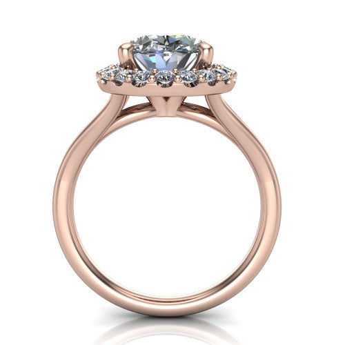 Seraphina oval halo engagement ring in 18K Rose Gold, through-finger front profile showing the halo head raised above the pav&eacute; split band