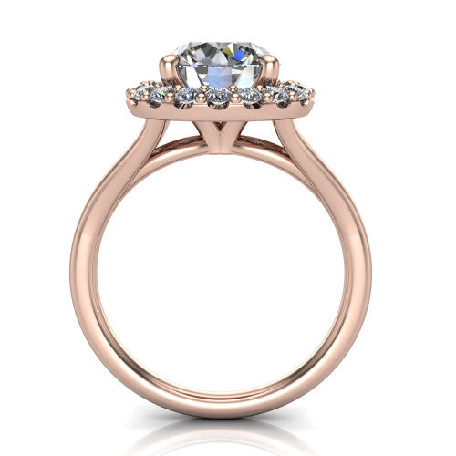 Seraphina round halo engagement ring in 14K Rose Gold, through-finger front profile showing the halo head raised above the pav&eacute; split band