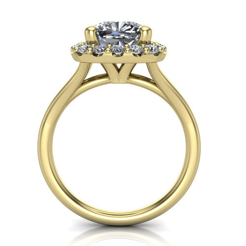 Seraphina cushion halo engagement ring in 14K Yellow Gold, through-finger front profile showing the halo head raised above the pav&eacute; split band