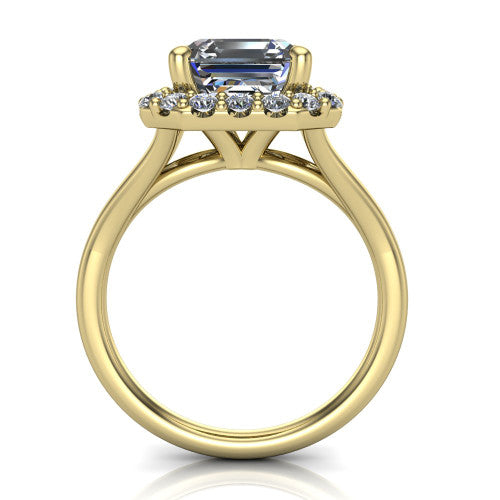 Seraphina asscher halo engagement ring in 18K Yellow Gold, through-finger front profile showing the halo head raised above the pav&eacute; split band