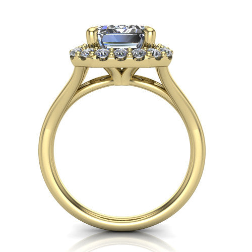 Seraphina emerald halo engagement ring in 18K Yellow Gold, through-finger front profile showing the halo head raised above the pav&eacute; split band
