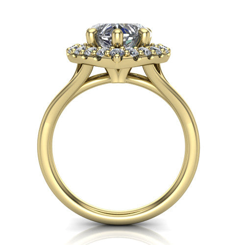 Seraphina heart halo engagement ring in 18K Yellow Gold, through-finger front profile showing the halo head raised above the pav&eacute; split band