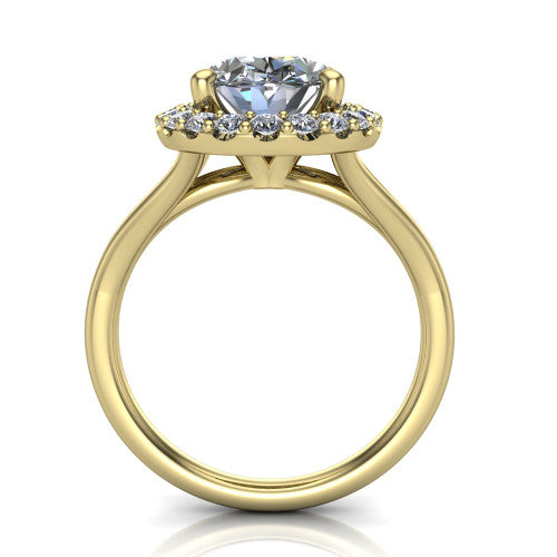 Seraphina oval halo engagement ring in 14K Yellow Gold, through-finger front profile showing the halo head raised above the pav&eacute; split band