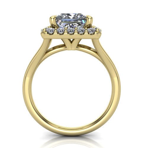 Seraphina princess halo engagement ring in 14K Yellow Gold, through-finger front profile showing the halo head raised above the pav&eacute; split band